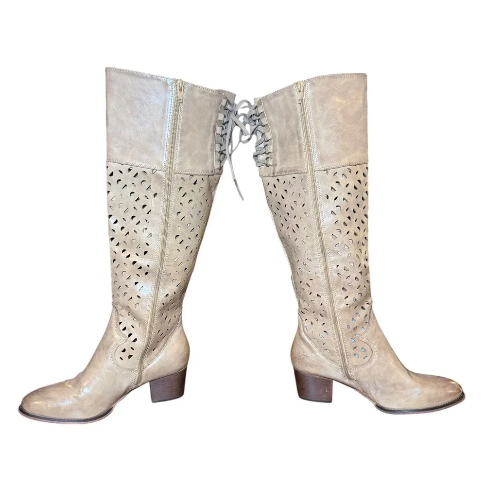 Boutique by Corkys Gabbie Taupe Perforated Lace Up Back Tall Boots Womens 11